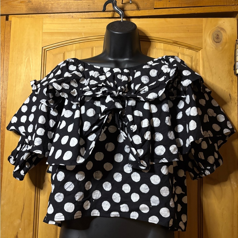 Chic Black and White Polka Dot Ruffle Blouse